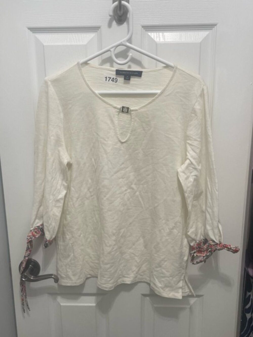 Tommy Hilfiger White Blouse with Patterned Sleeve Ties